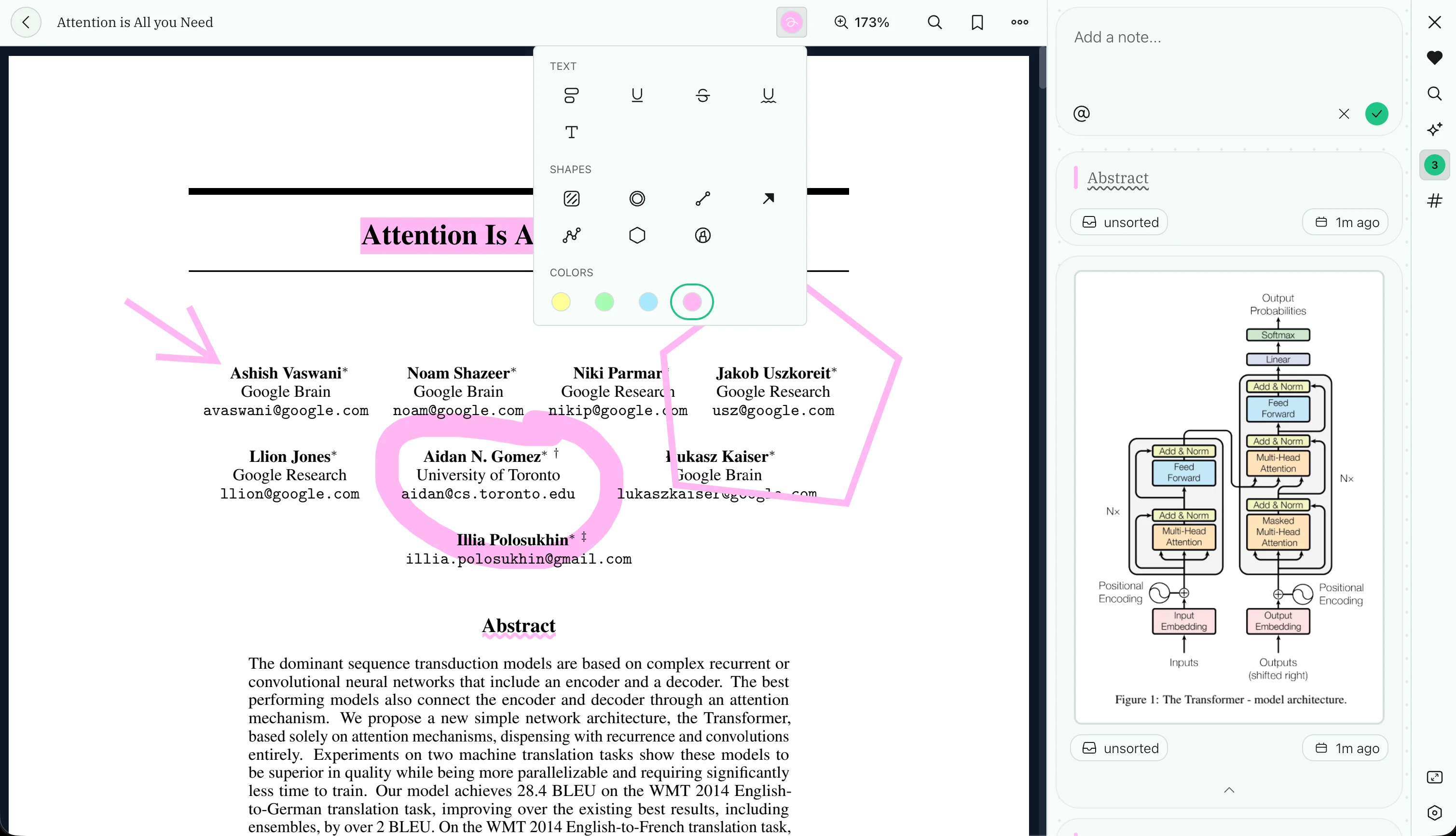 Memex PDF annotation view with text highlights, freehand drawings, shapes, color controls, and source-linked notes beside the PDF.