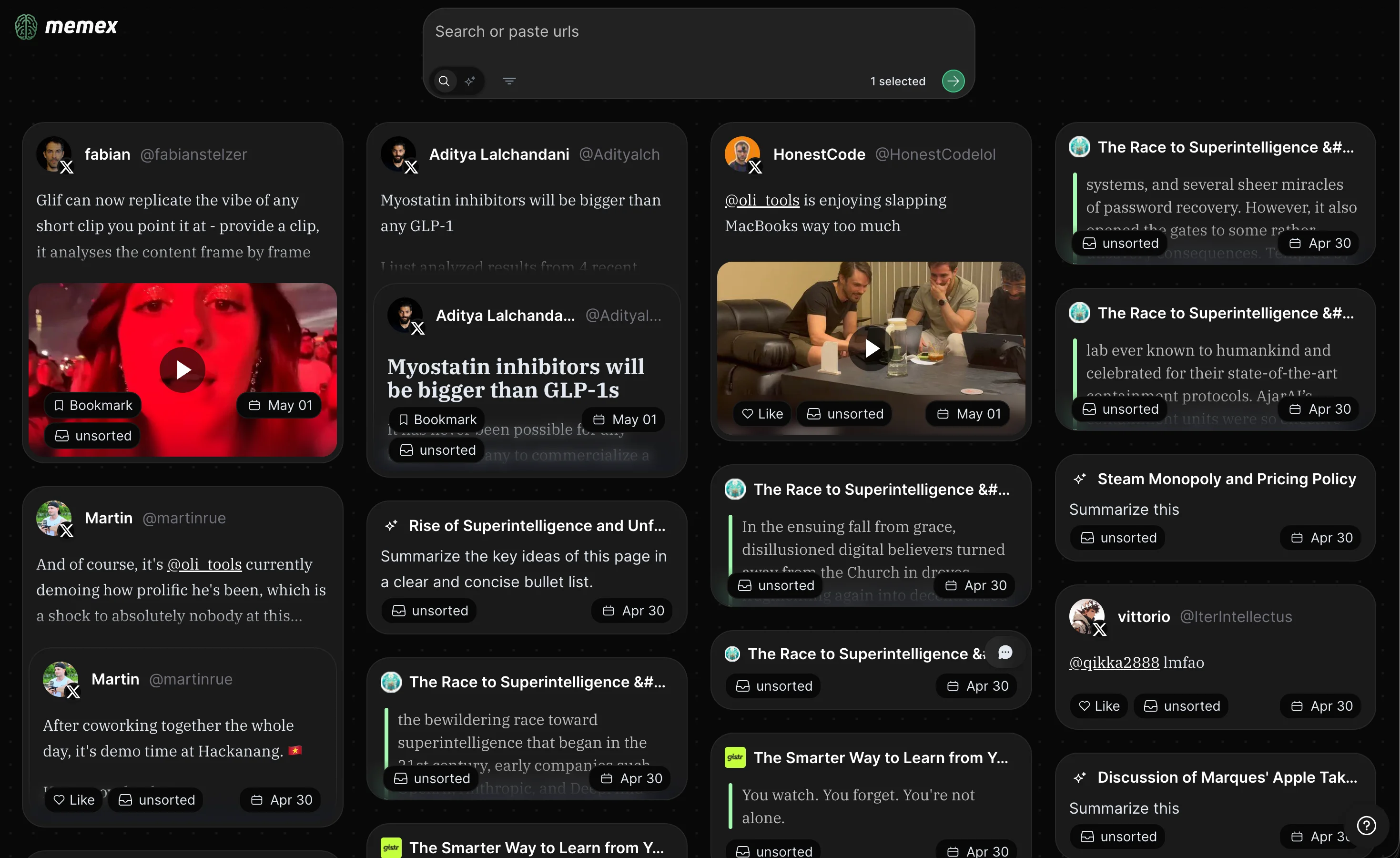 Memex browser-native reading and research board with saved web, video, and social content. Memex keeps saved web, video, social, and research material in a browser-native workspace.