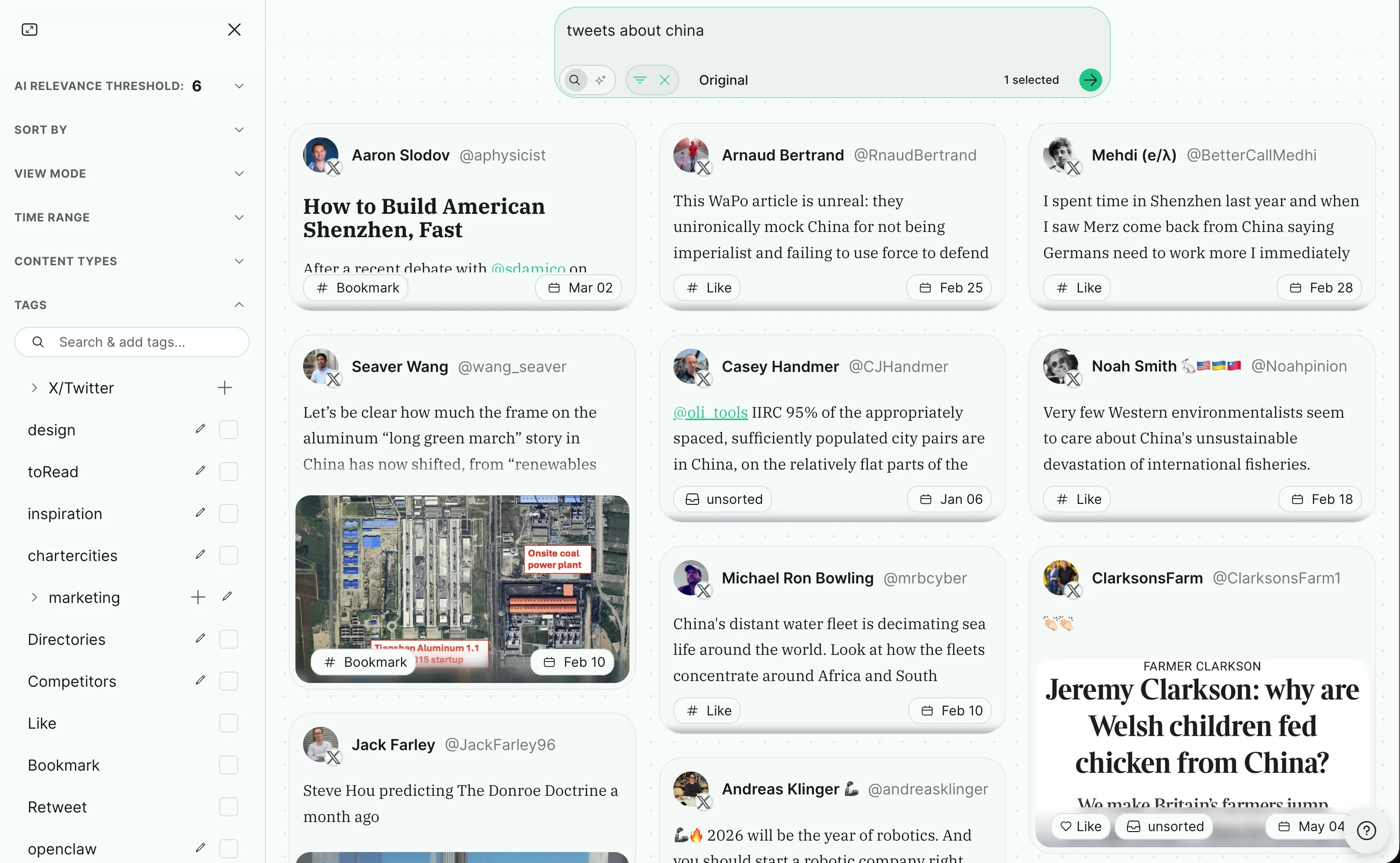 Memex semantic search for tweets about China with automatic content type, date range, and tag filters in the sidebar.