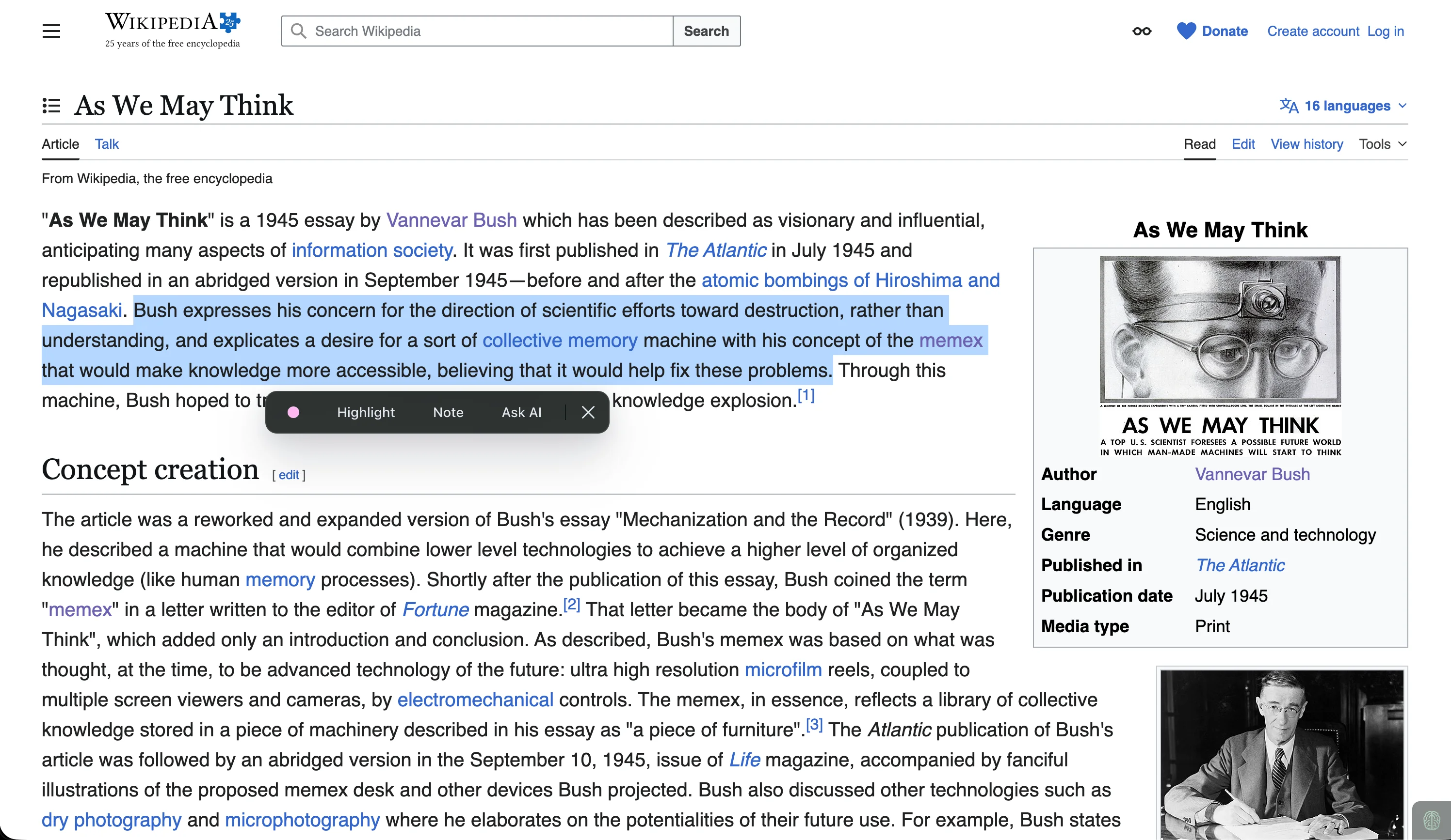 Memex web highlight tooltip on a Wikipedia page with actions for highlighting, note taking, and asking AI about the selected text.
