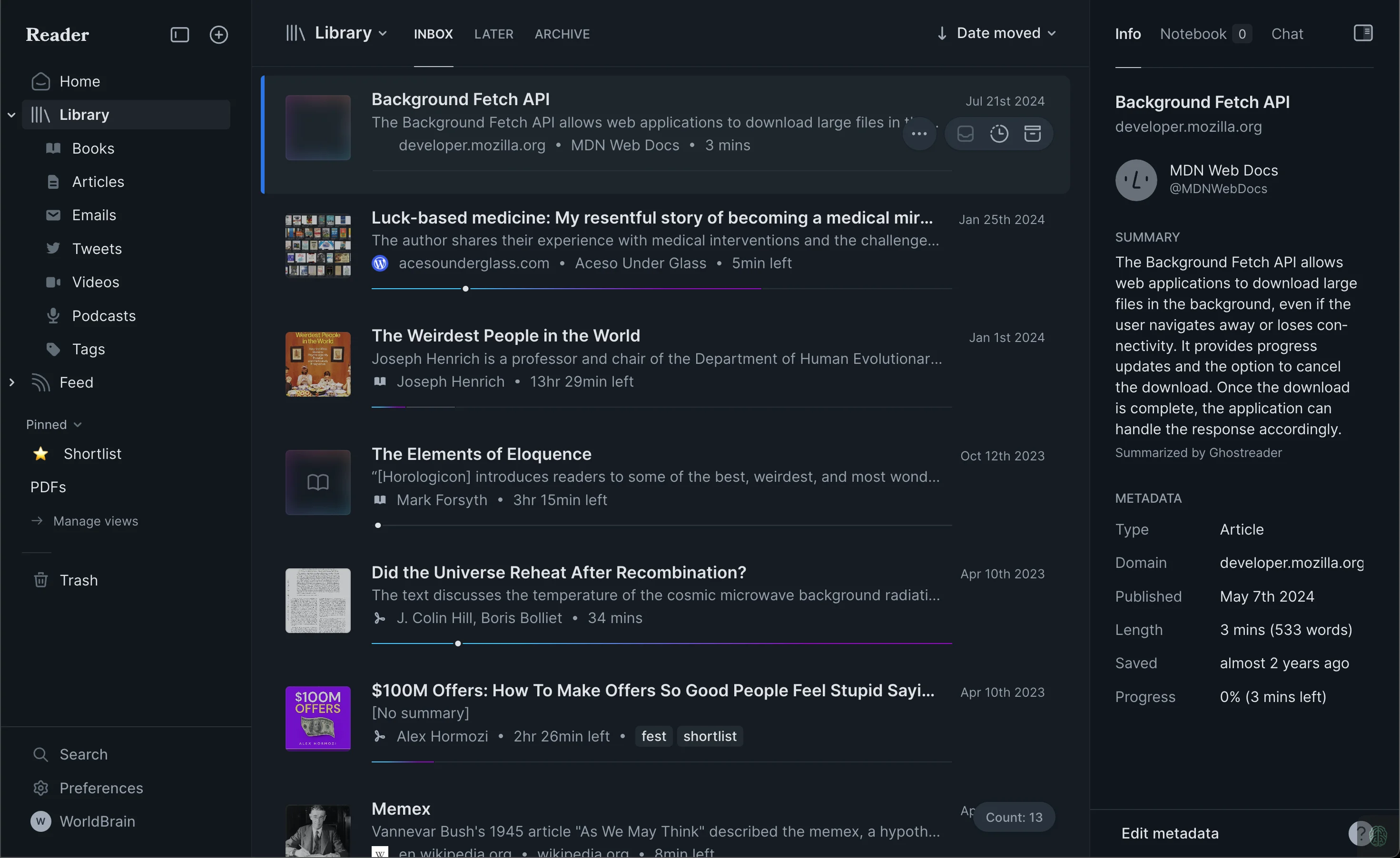 Readwise Reader library dashboard with inbox, reading queue, metadata, and summary sidebar. Readwise Reader is especially strong as a fast reading queue and triage dashboard.