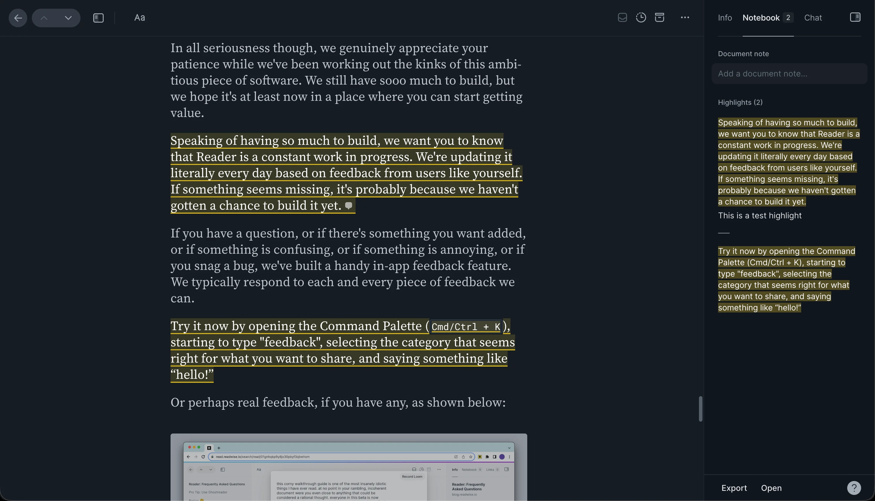 Readwise Reader text highlights and notebook annotations. Readwise Reader text highlights are shown in the notebook sidebar beside the reader view.