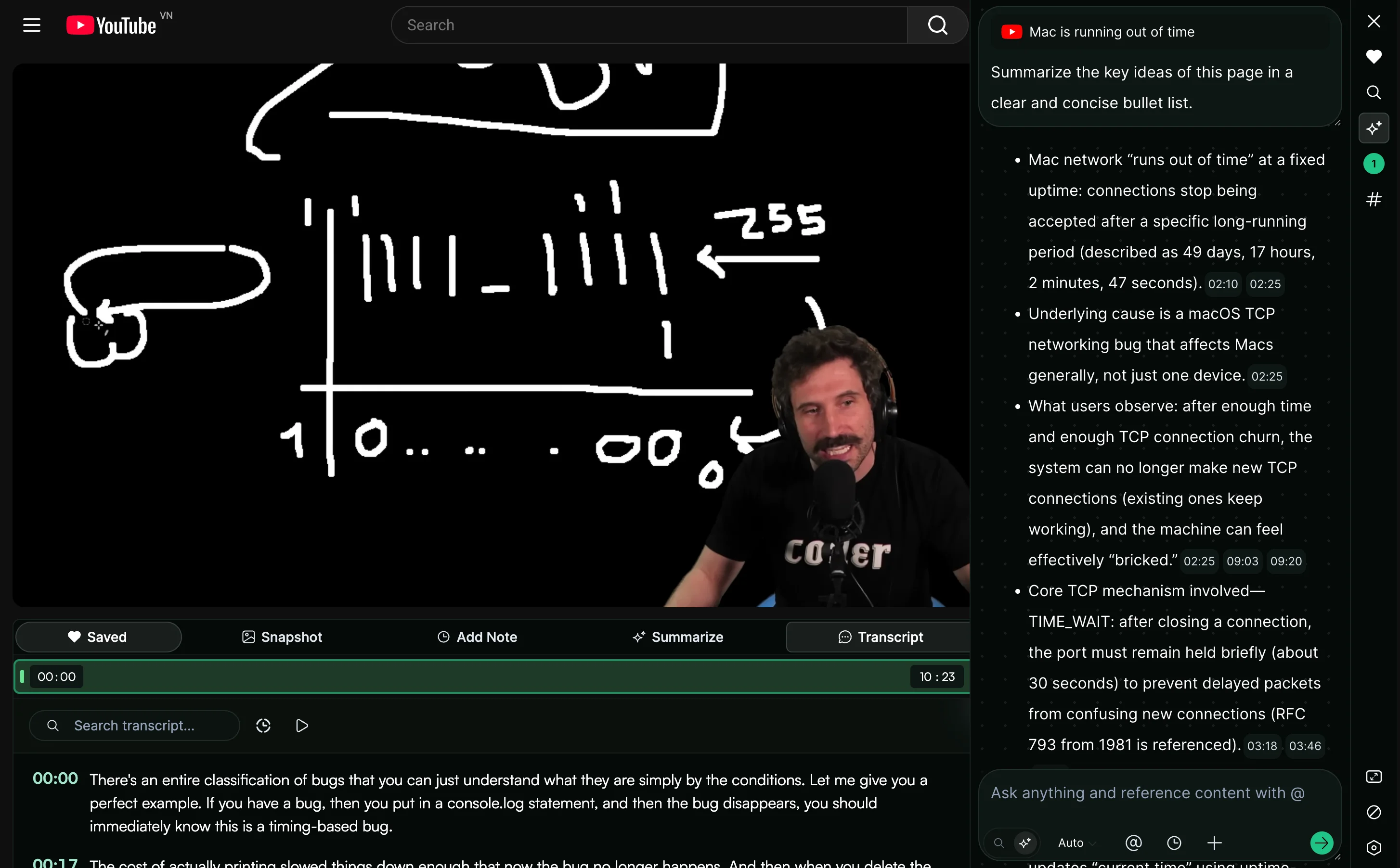 Memex YouTube summary view with timestamped summary references, transcript context, and source-linked video research controls.
