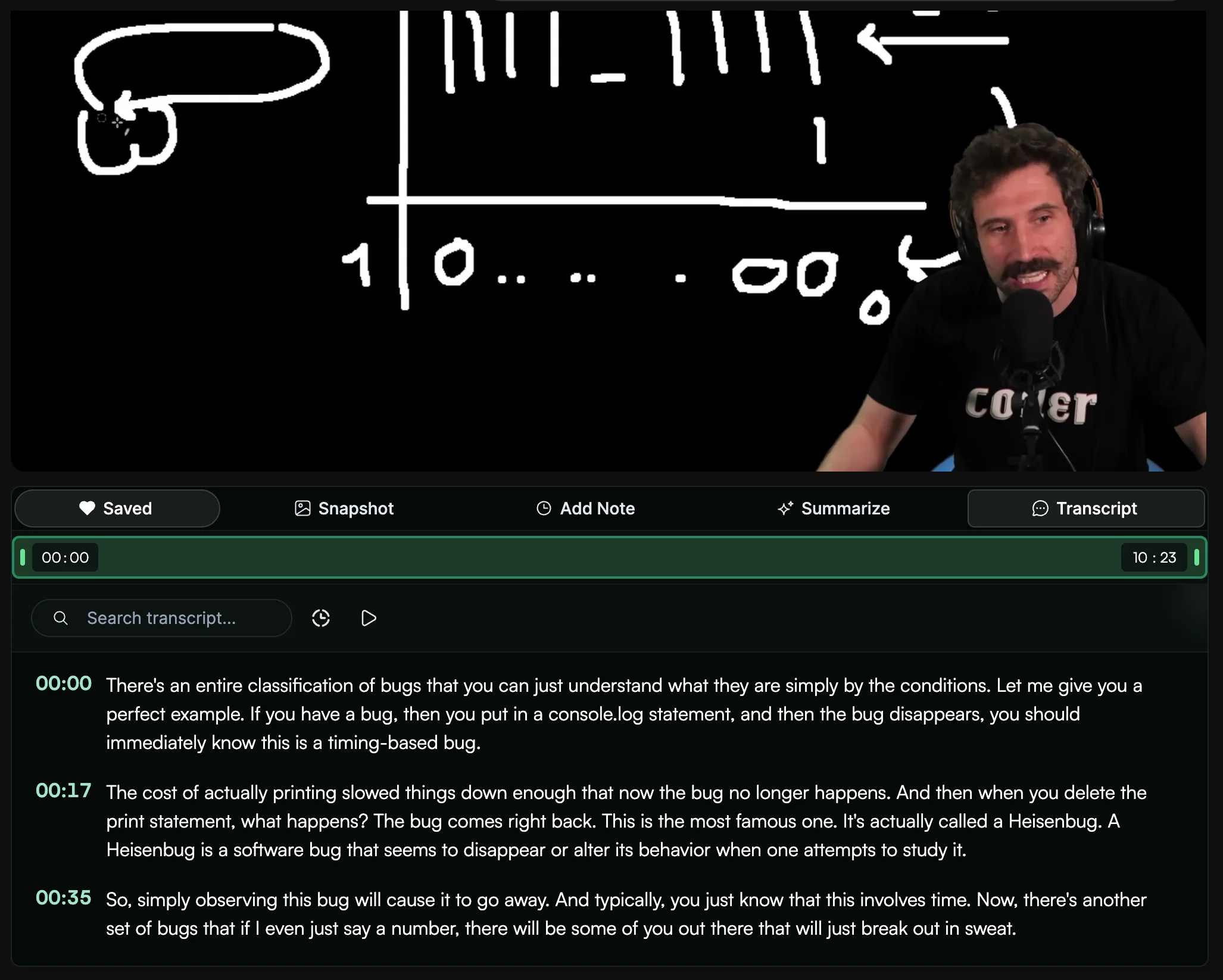 Memex YouTube transcript view with timestamped transcript search, saved video controls, and source-linked video research controls.